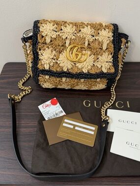 Gucci GG Marmont Raffia Small Shoulder Bag Floral Straw Full Set 574433